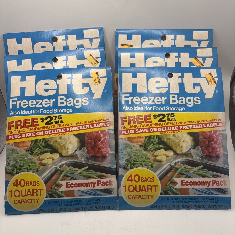 Vtg 80's HEFTY Freezer Bags Clear Ties 4x12" 1 Quart Food Lot Of 6 Prop NOS